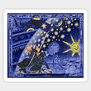 FEMALE KNIGHT OF STARS HORSEBACK IN NIGHT BLUE AND FLAMMARION Surreal Cosmic Sky, Sun And Moon Sticker